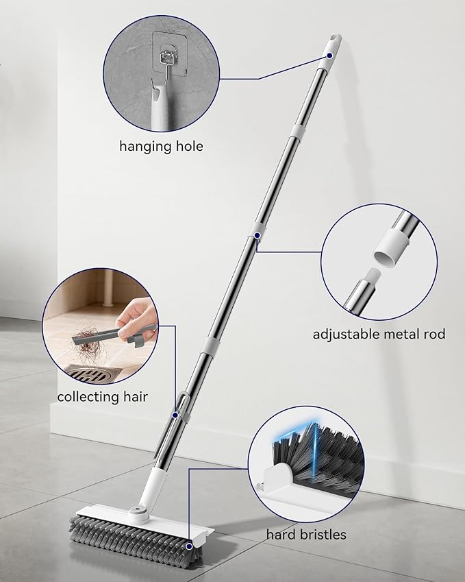 Small Floor Scrub Brush with Length Adjustable Long Handle, 3 in 1 Heavy-Duty Stiff Bristle Scrubber Brush with Squeegee and Tweezer for Cleaning Bathroom, Tile, Deck, Patio, Garage and Kitchen