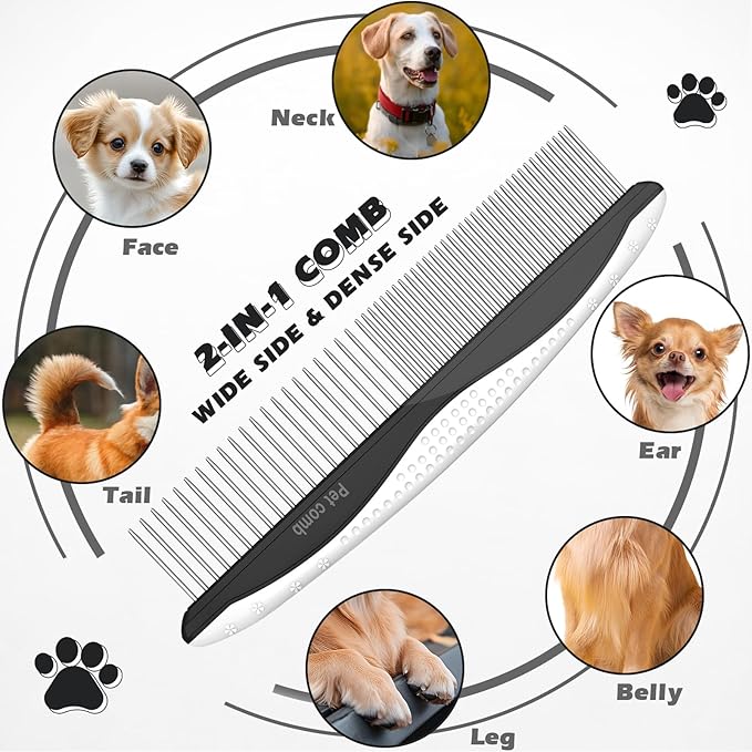 3PCS Pet Grooming Rake & Metal Comb & Flea Comb for Cats and Dogs, Double-Sided Dematting Tool, Extra-Wide Deshedding Dog Brush for Long Hair to Effectively Remove Tangles, Knots and Mats (Black)