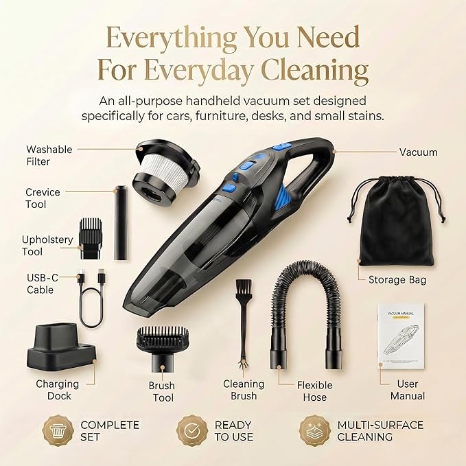 Handheld Vacuum Cordless, 25000Pa Powerful Suction Car Vacuum Portable Cordless with 8000mAh Battery & LED Light, Hand Held Vacuum Rechargeable with HEPA Filters, Home, Car Seats, Pet Hair Blue