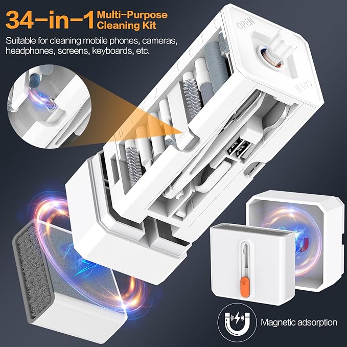 34-in-1 Phone Cleaning Kit, sunoyar Electronics Cleaning Kit for iPhone Charging Port Keyboard Cell Phone Airpods USB C Earbud Laptop Etc Multi-Functional with Portable Storage Case White