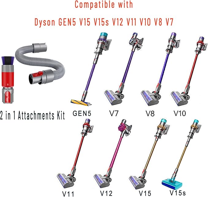 Scratch-free Dusting Brush & 63”Flexible Extension Hose Attachments for Dyson GEN5 V15 V12 V11 V10 V8 V7 Cordless Vacuum Cleaner, Ideal for Car Detailing, Keyboard/Blinds Cleaning,Delicate Surfaces