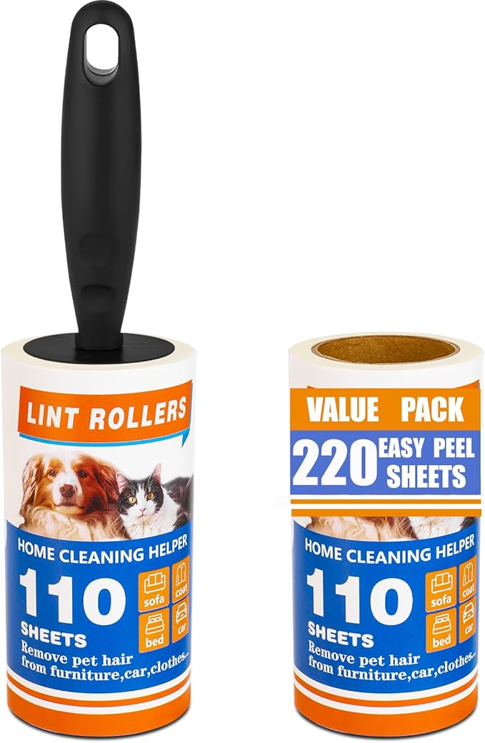Lint Roller 220 Sheets with 1 Handle, Pet Hair Remover for Laundry, Extra Sticky Lint Rollers for Pet Hair on Clothes, Furniture & Car - Dog & Cat Hair Removal Tool