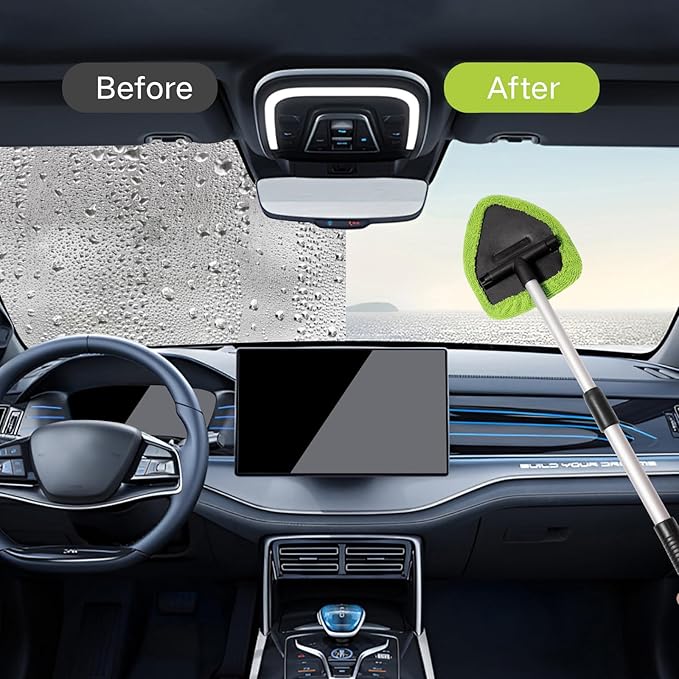Qydipclin 7pcs Windshield Cleaner Tool Car Window Cleaning Wash Kit with 4 Reusable Microfiber Pads 1 Spray Bottle and Extendable Handle Auto Glass Wiper Kit, Green