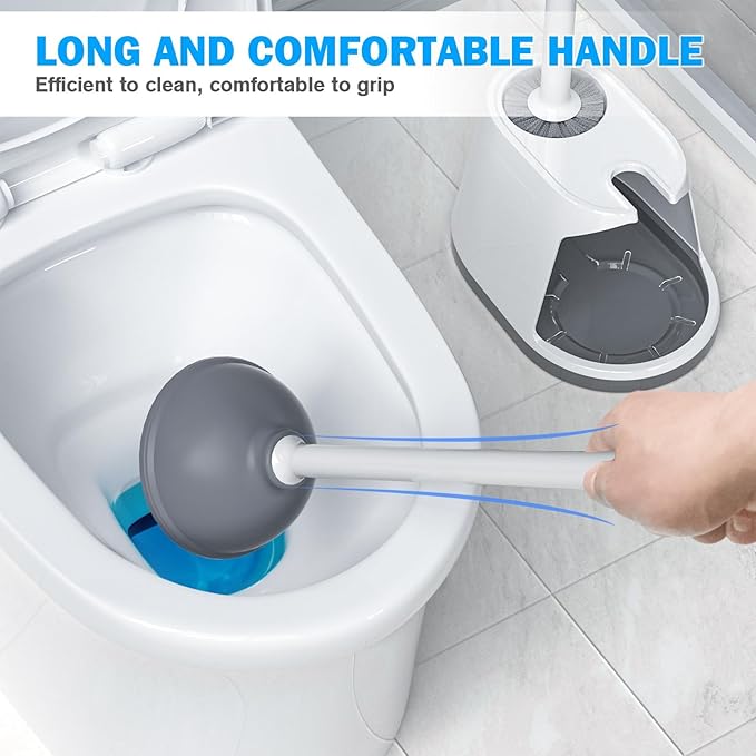 Toilet Plunger and Brush Set, Bowl Brush and Heavy Duty Toilet Plunger with Ventilated Holder, 2-in-1 Toilet Brush and Plunger Combo for 5.3-inch Toilet Drain Bathroom Deeply Cleaning(White & Grey)