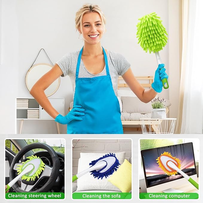 Microfiber Feather Duster,13 Inch Length, with 4 pcs Washable Cloth, Car Duster, Perfect for Cleaning Windows, Tables, Cars,Furniture, Keyboards, Fans, Screens,Mirrors