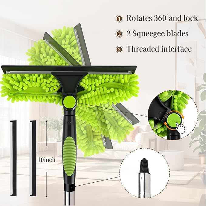 Professional 67" Window Squeegee, 3-in-1 Rotatable Squeegee for Window Cleaning with Extension Poles, Window Cleaner Tool Kit for Indoor & Outdoor High Windows and Car Glass