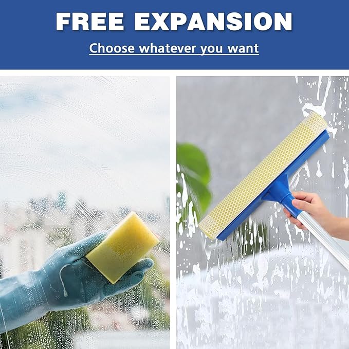 Professional 2-in-1 Window Squeegee with Telescopic Stainless Steel Handle (13.3"-18.9") | Sponge & Scraper for Glass, Shower, Car & High Surfaces