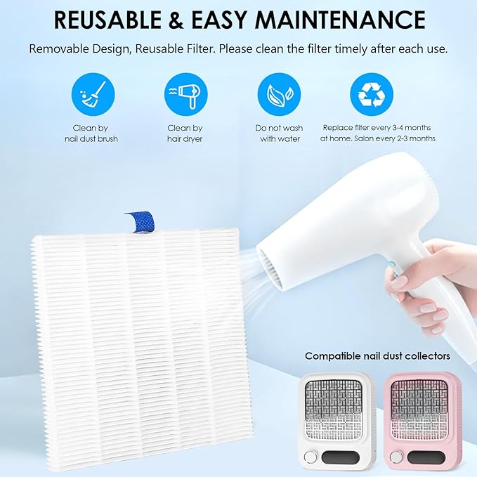 2PACK Reusable Nail Dust Collector Filter, Replacement Filters Compatible with Nail Duster Collector, Powerful Nail Vacuum Nail Filters, Nail Dust Extractor Replacement, Easy to Clean 5.51x5.31inch