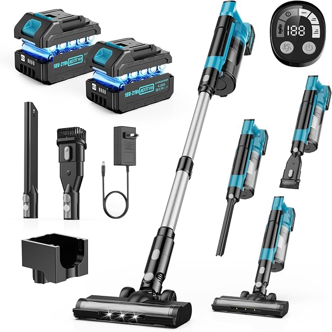 Cordless Vacuum Cleaner, 700W 60KPa Portable Stick Vacuum with 3 Modes, 2x4.0Ah Batteries, 6 in 1 Stick Vacuum Cleaner, 