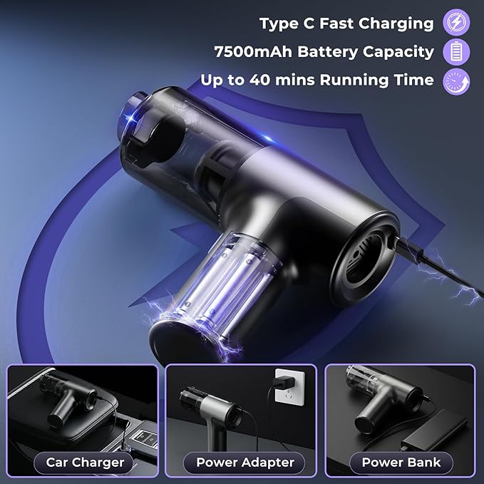 20000Pa Cordless Car Vacuum, 80,000 RPM Brushless Motor Handheld Vacuum with 7-in-1 Air Duster Blower, Portable Type-C Rechargeable Cleaning Kit for Pet Hair, Home & Office, Black