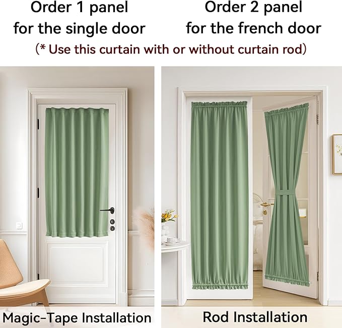 Vatge Privacy French Door Curtain - Thermal Insulated Self Adhesive Blackout Door Curtains with Tieback, 1 Panel, W25 x L54, Sage Green