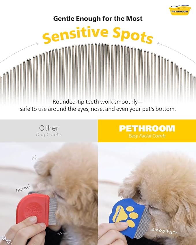 PETHROOM Professional Eye Comb for Pets | Stainless Steel Tear Stain Remover for Cats & Dogs | Gentle Round-Head Grooming Tool | Compact & Portable for Eye Gunk Removal (Pack of 2)