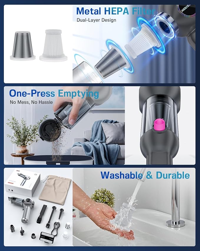 houscly Handheld Car Vacuum Portable Cordless 25000Pa High Power Small Mini Hand Vacuum Rechargeable 4-in-1 Wireless Handheld Vac for Car Office Desktop Home Cleaning Ideal Gifts for Men & Women