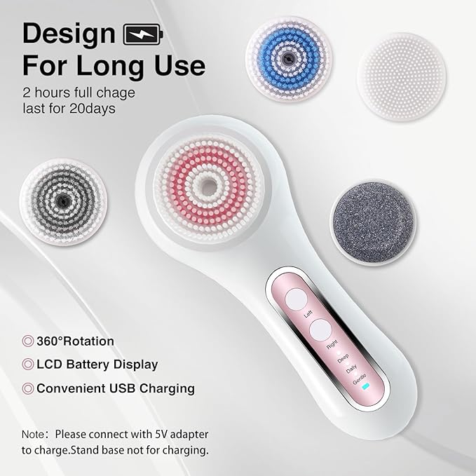 UMICKOO Electric Facial Cleansing Brush, 2-Way Rotating Face Scrubber for Daily & Deep Cleaning, 3 Modes, 5 Brush Heads, Rechargeable, IPX7 Waterproof for All Skin Types
