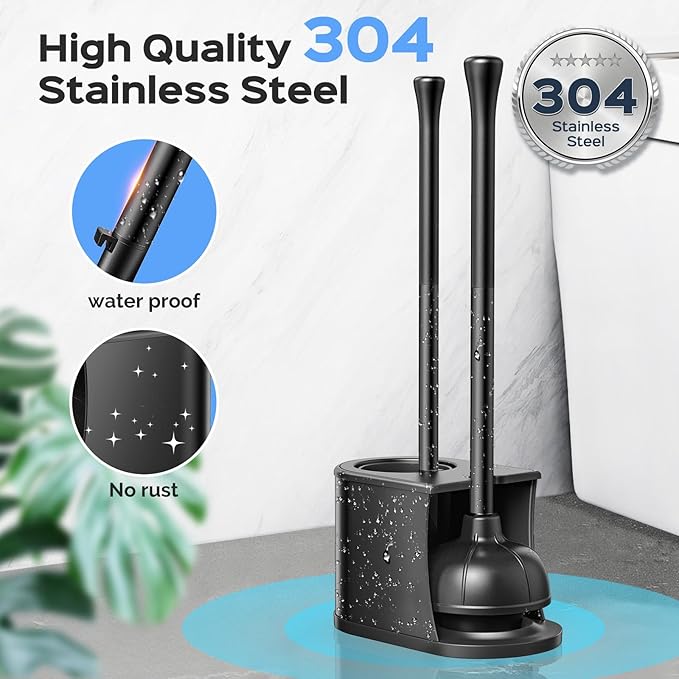 HAMITOR Toilet Plunger and Brush Set: 2 in 1 Stainless Steel Combo with Curved Bristles - Heavy Duty Toilet Unclogging for Family Bathroom - Compact Hideaway Apartment Cleaning Accessories - Black