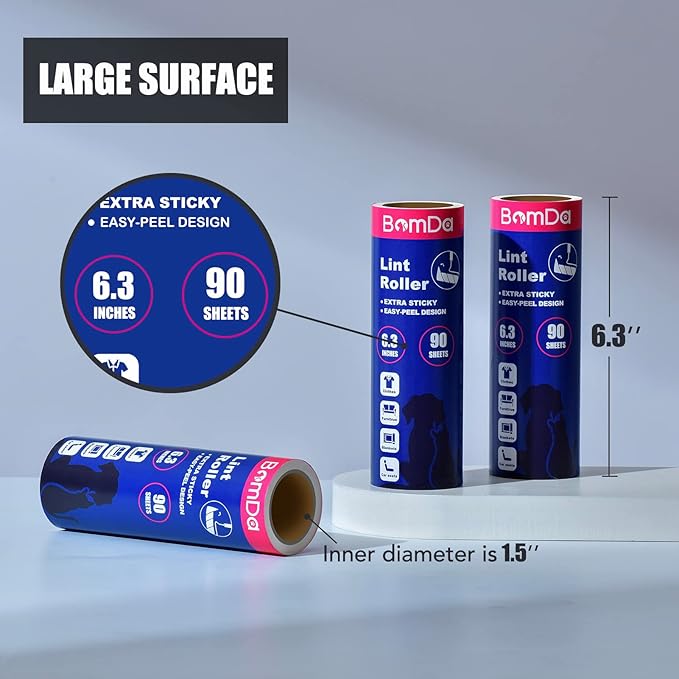 Extra Sticky Large Surface Lint Roller, 6.3'' Giant Lint Roller for Pet Hair, Long Handle Lint Remover for Clothes, Furniture, Dog & Cat Hair Remover (8 Refills / 720 Sheets)