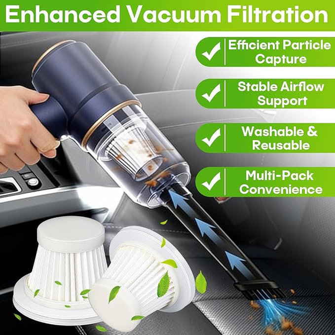 8-Pack HEPA Vacuum Filter Replacement with Cleaning Brush Compatible with KMM LT-117C Handheld Car Vacuum Cleaner, Washable & Reusable