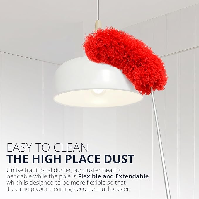 ZZ LAZYCOTTAGE Microfiber Duster with Extension Pole,Washable Bendable Head Ceiling Fan Duster,15-100 inch (Red)