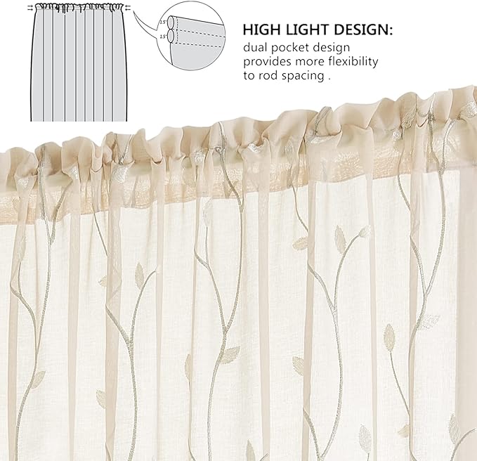 jinchan Sheer Door Curtain 72 Inches Floral Embroidered Semi-Sheer Embroidery Voile Floral French Door Curtain Light Filtering Drape Rod Pocket 1 Panel Beige