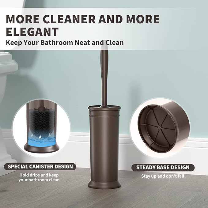 Toilet Brush, Toilet Bowl Brush with Extra Long Handle Durable Bristles Toilet Scrubber and Covered Holder for Toilet Brush Set for Bathroom Cleaning (Brown, 1 Set)
