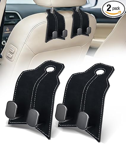 Purse Hook for Car, Car Hooks for Seat Headrest Metal & Premium Leather 2026 Latest, Auto Headrest Hanger Organizer Acce