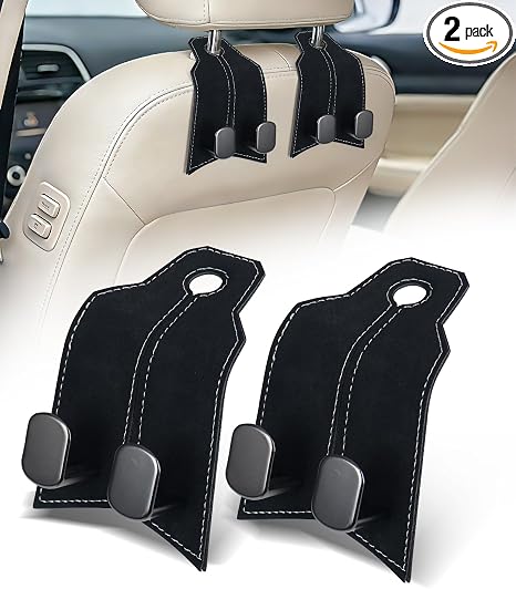 Purse Hook for Car, Car Hooks for Seat Headrest Metal & Premium Leather 2026 Latest, Auto Headrest Hanger Organizer Acce