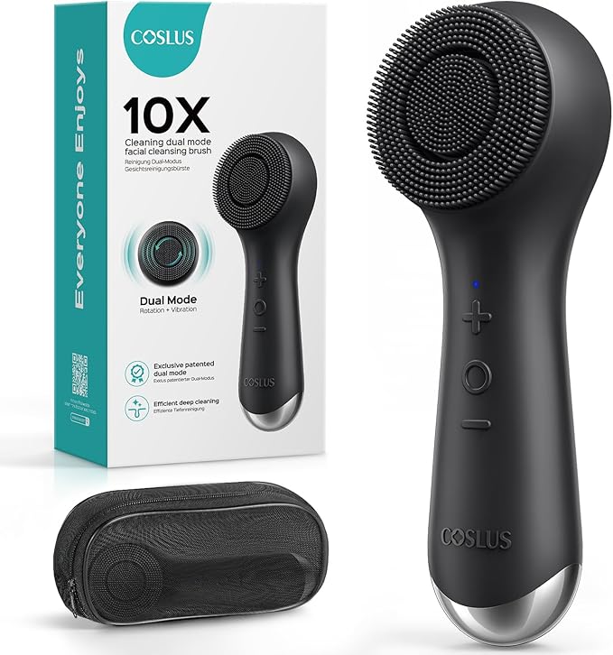 COSLUS FBS03 Face Scrubber Facial Cleansing Brush: 2 in 1 Spin and Vibration Patented, Silicone Electric Exfoliator Scrubber with Automatic Foaming, Waterproof Face Cleanser Brush for Men and Women