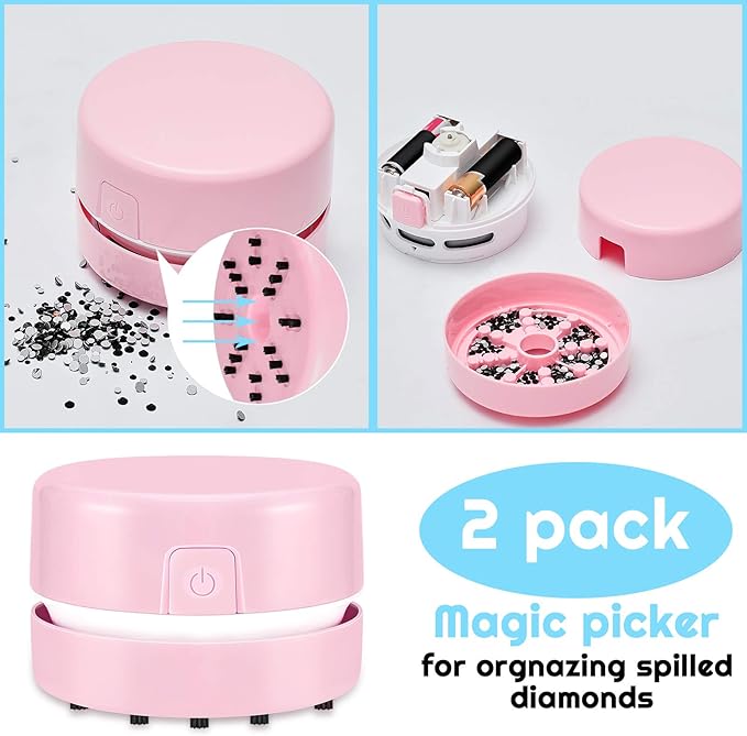 Honoson 2 Pcs Diamond Painting Tool Drill Quicker Picker for Spilled Diamonds 5d Painting Accessories Vacuum Cleaner Mini Table Desktop Sweeper Organizer Clean Art Beads Crumb(Pink, Blue)