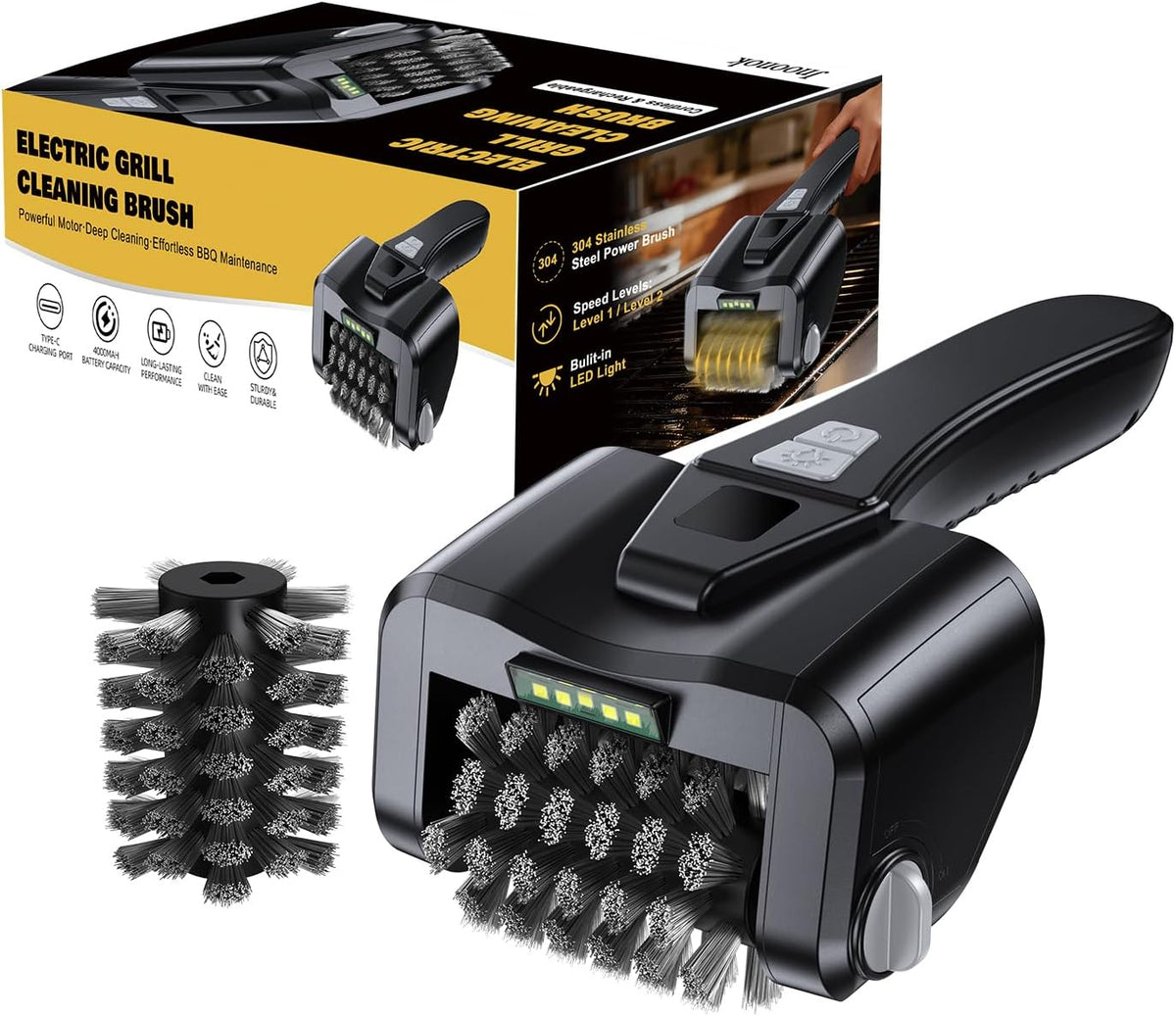Electric Grill Brush for Outdoor Grill, Cordless BBQ Cleaner, Dual Speed