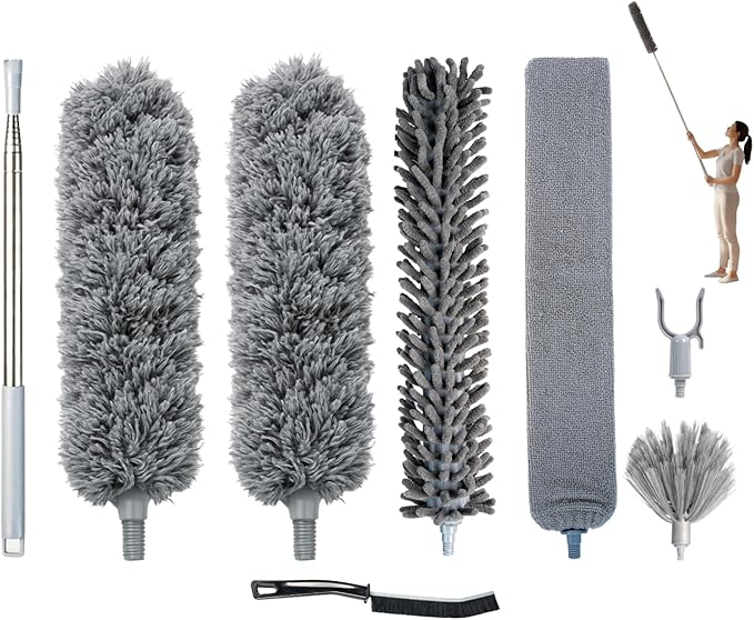 Microfiber Feather Duster with Extension Pole 100 Inches, (8 PCS), Cleaning Brush, Dusters for Cleaning High Ceilings, Cobwebs, Blinds, Cars, Reusable, Washable, Extendable, Ceiling Fan Cleaner Duster