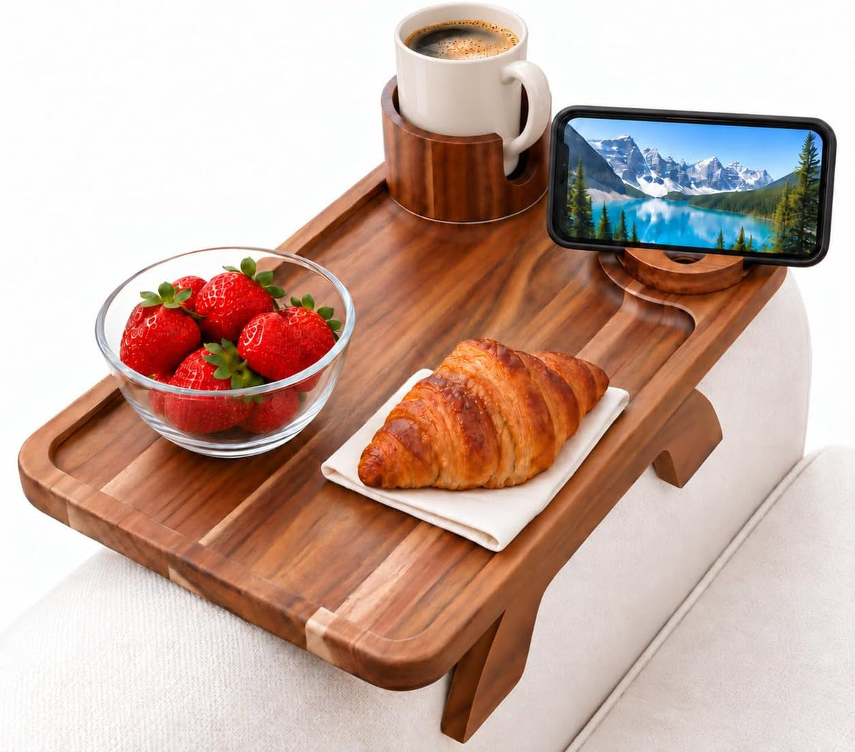 Couch Cup Holder Tray, Large 3-in-1 Acacia Wood Sofa Arm Rest Tray with Cup Holder & 360° Rotating Phone Stand, 15.36 × 9.85 Inches