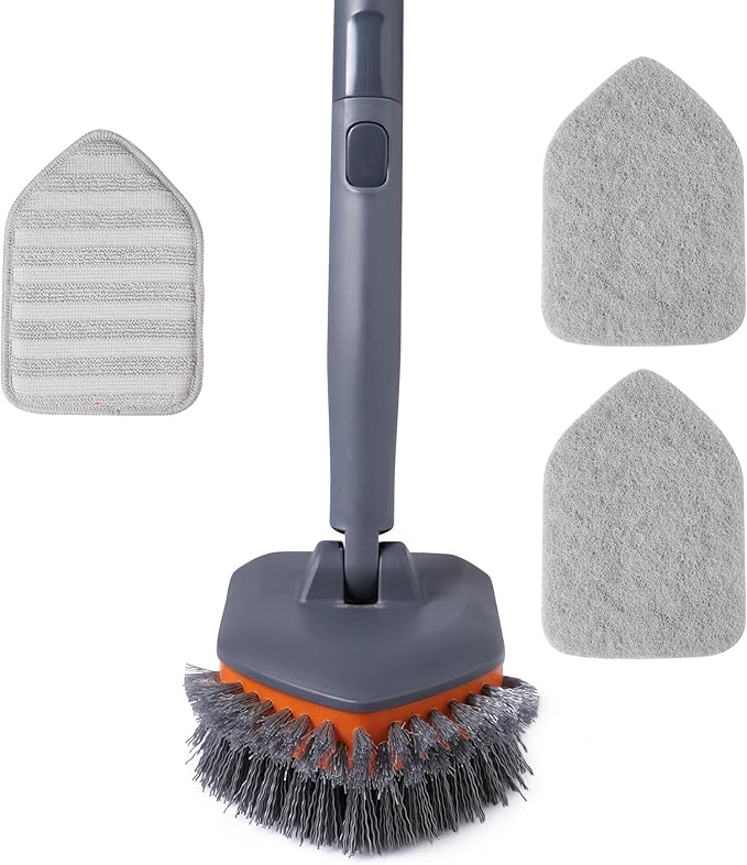 CLEANHOME Tub Tile Scrubber Brush with 3 Different Function Cleaning Pads and 56" Extendable Long Handle-No Scratch for Cleaning Bathroom Kitchen Toilet Wall Sink,Orange