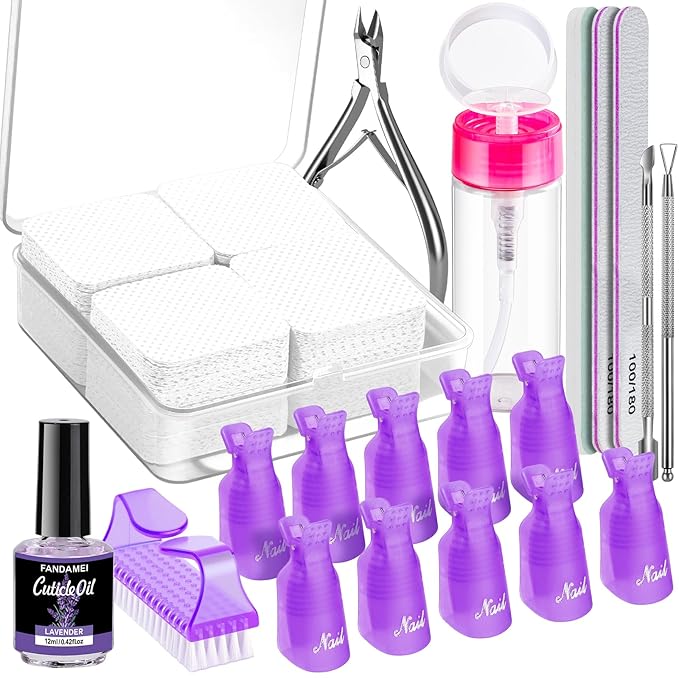 FANDAMEI Gel Nail Remover Kit with Soak Off Clips, Lint Free Wipes, Polish Remover Bottle, Cuticle Nippers, Pusher, Peeler. Cuticle Oil. Nail Files and Buffers. Gel Polish Removal Nail Soak Off Kit