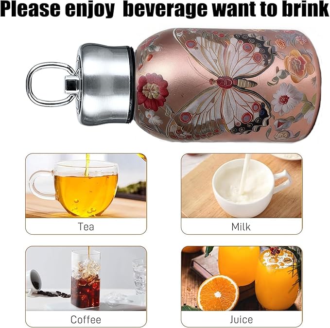 Mini Stainless Steel Thermal Bottle Small Vacuum Insulated Water Bottle, Portable Leakproof Sport Tumbler Cup Hot and Cold Travel Mug (Butterfly)