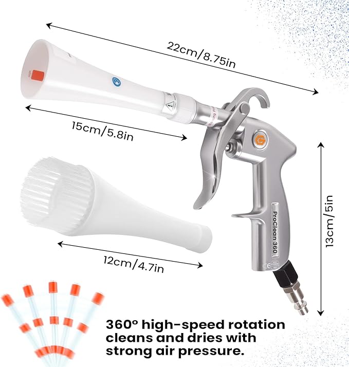 ProClean 360 Tornado Car Cleaning Gun – High Pressure Air Blow & Detailing Tool with Rotating Nozzle, Upholstery & Carpet Cleaner, Auto Detailing Blow Gun for Seats, Vents, Engines, Home Use