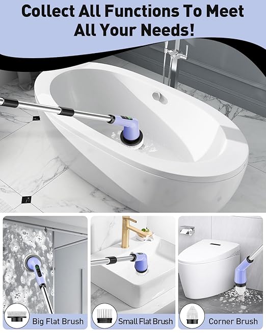 Electric Spin Scrubber for Cleaning Bathroom, Shower Scrubber Rotary Floor Brushes with IPX7 Waterproof & 2 Speed, 3 Brush Heads, Bathroom Cleaning Supplies for Shower Tub Tile Toilet Purple