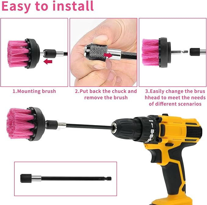 8 Pcs Drill Brush Attachment Set, Power Cleaning Scrub Brush Kit with Extend Long Attachment, All Purpose Drill Scrub Brushes for Car, Grout, Floor, Tub, Bathroom and Kitchen (Pink)