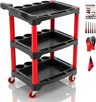 Auto Detailing Cart with Wheels, 3 Tier Rolling Detail Cart