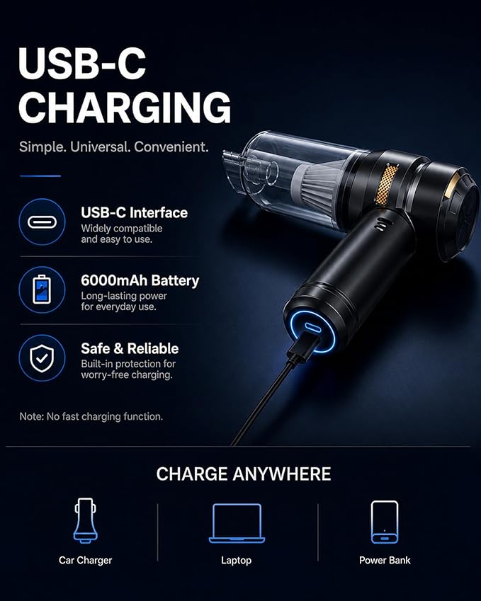 houscly Car Vacuum Portable Cordless 20000PA High Power 4-in-1 Compressed Air Duster & Air Blower & Pump Hand Held Vacuum with Brushless Motor for Car, Home, Office,Camping Ideal Gifts for Men & Women