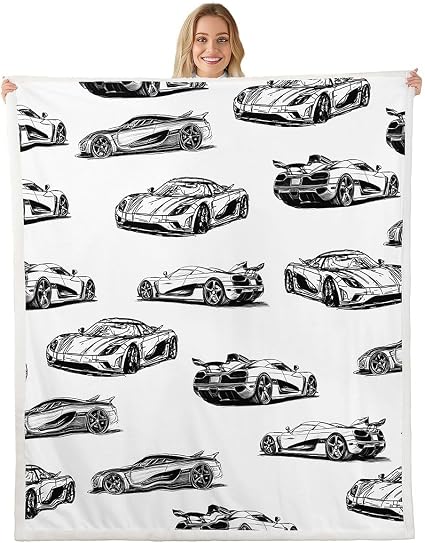 Feelyou Race Car Fleece Throw Blanket Black White Speed Sports Car Sherpa Blanket for Kids Women Men Plush Fuzzy Extreme