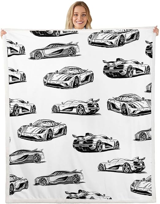 Feelyou Race Car Fleece Throw Blanket Black White Speed Sports Car Sherpa Blanket for Kids Women Men Plush Fuzzy Extreme