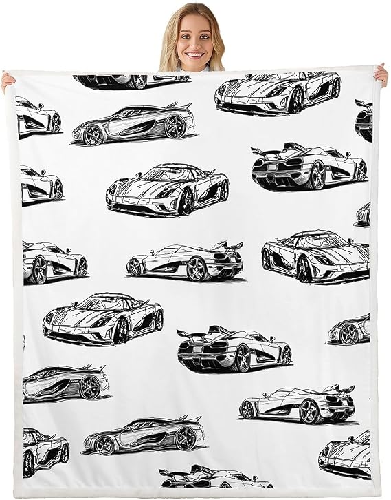 Feelyou Race Car Fleece Throw Blanket Black White Speed Sports Car Sherpa Blanket for Kids Women Men Plush Fuzzy Extreme