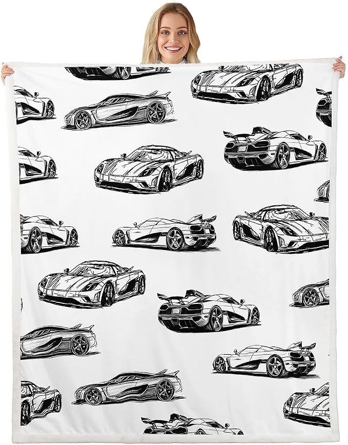 Feelyou Race Car Fleece Throw Blanket Black White Speed Sports Car Sherpa Blanket for Kids Women Men Plush Fuzzy Extreme