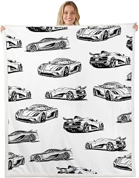 Feelyou Race Car Fleece Throw Blanket Black White Speed Sports Car Sherpa Blanket for Kids Women Men Plush Fuzzy Extreme