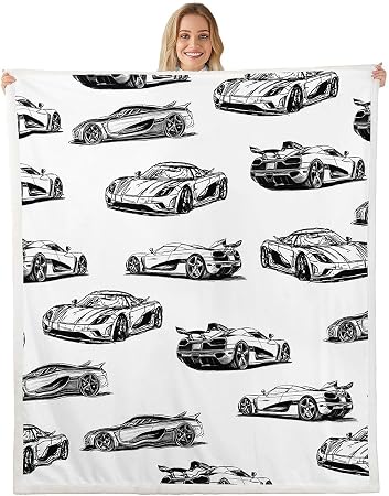 Feelyou Race Car Fleece Throw Blanket Black White Speed Sports Car Sherpa Blanket for Kids Women Men Plush Fuzzy Extreme