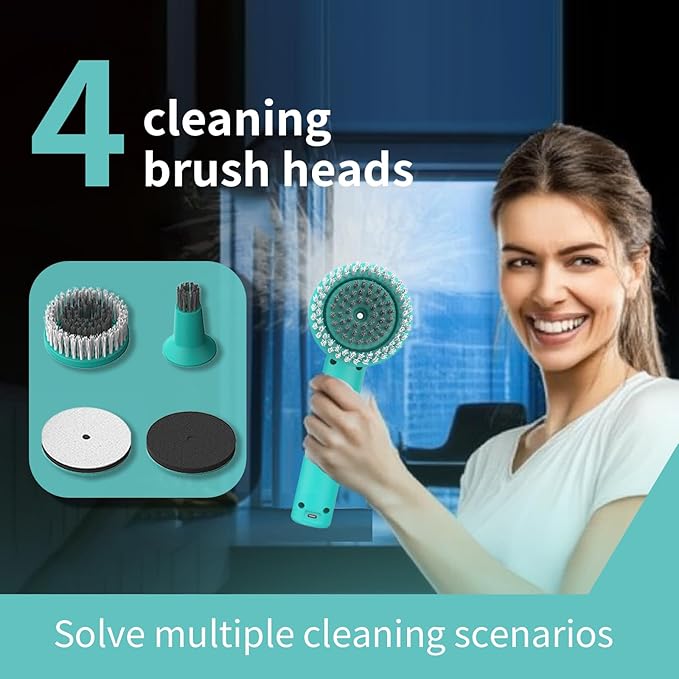 Dual-Rotation Electric Scrubber - IPX5 Waterproof Multi-Surface Cleaning Brush for Bathroom, Kitchen, Tile, Glass & More - Includes 4 Brush Heads (Nylon/Sponge/Crevice/Flat)