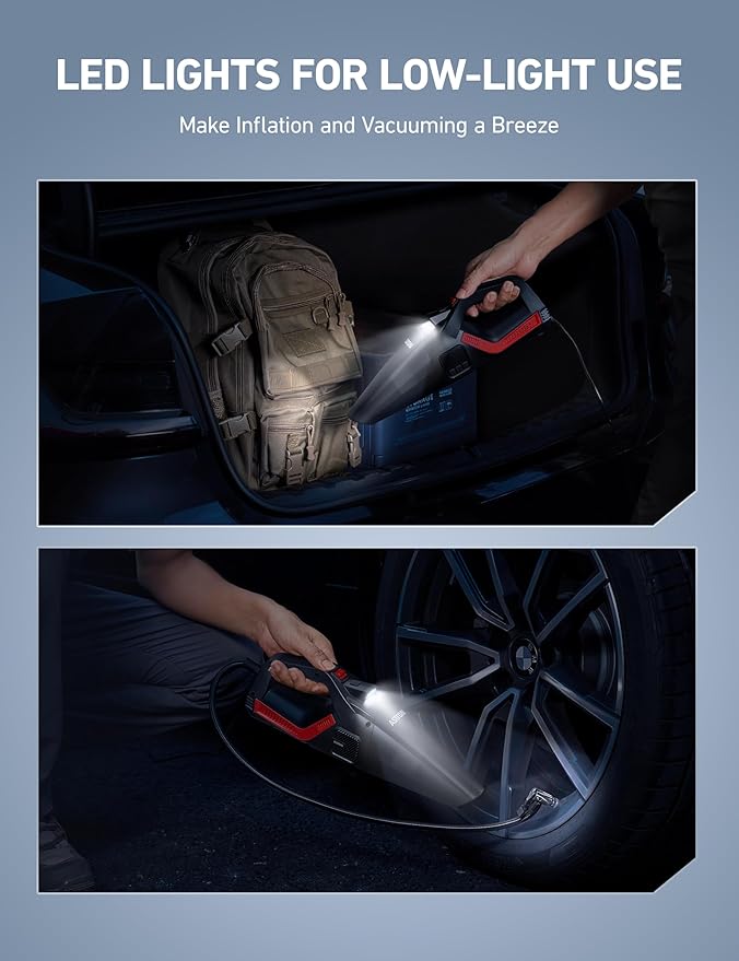 AstroAI 4-in-1 V3 Portable Handheld Car Vacuum Cleaner & Tire Inflator, 150 PSI Portable Air Compressor with Digital Dual Values Display, LED Light, 12V DC, 16.4FT Cord for Cars, Bikes, SUVs