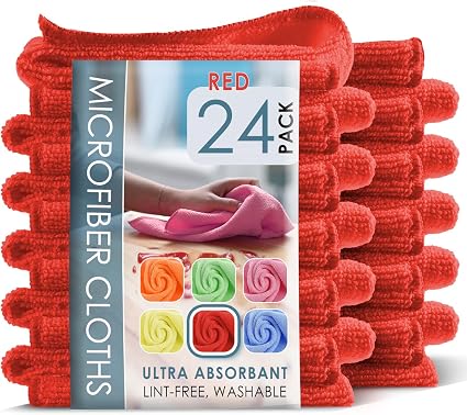Hearth & Harbor Microfiber Cleaning Cloth, Towels for Cars 24 Pack Washcloths, Red Rags, Reusable Towel, Cloth Rags Clea