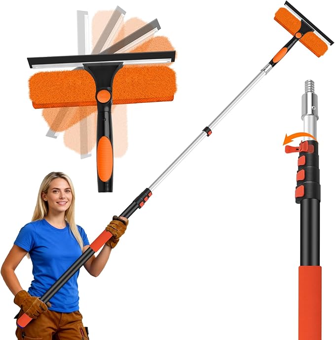 26FT Telescoping Window Squeegee Kit | 2-in-1 Professional Window Washer & Microfiber Scrubber with Extension Pole | High Reach Cleaning Tool for Outdoor, Indoor Windows & Glass