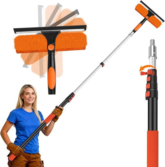 26FT Telescoping Window Squeegee Kit | 2-in-1 Professional Window Washer & Microfiber Scrubber with Extension Pole | High Reach Cleaning Tool for Outdoor, Indoor Windows & Glass